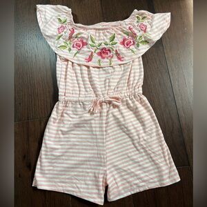 btween Pink & White Striped Off-Shoulder Romper with Rose Embroidery